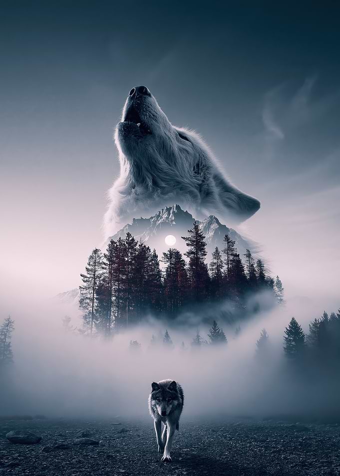 Double Exposure Wolf and Mountain Landscape