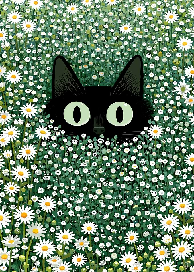 Black Cat Hiding in Daisies