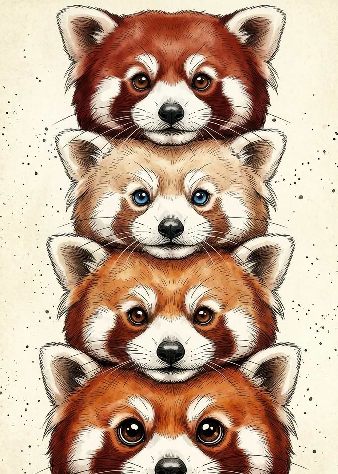 Stack of Four Cute Red Pandas