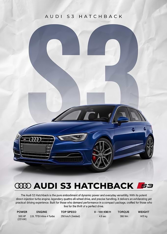 sleek Audi S3 Hatchback car Poster