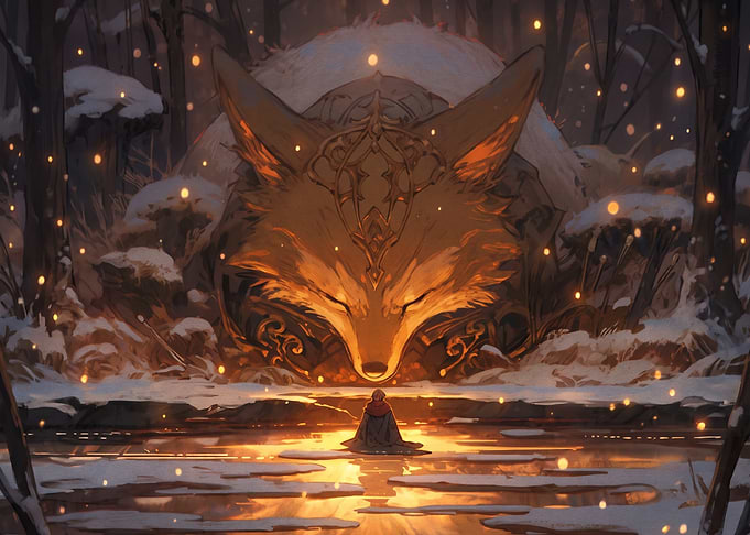 Giant Golden Fox Spirit in Winter