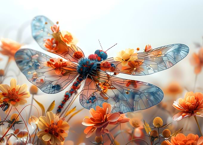 Dragonfly Among Orange Flowers