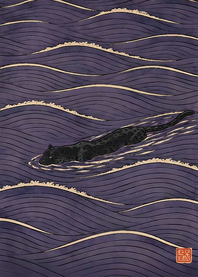 Black Panther Swimming in Japanese Waves