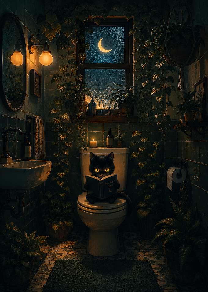 Black Cat Reading on Toilet