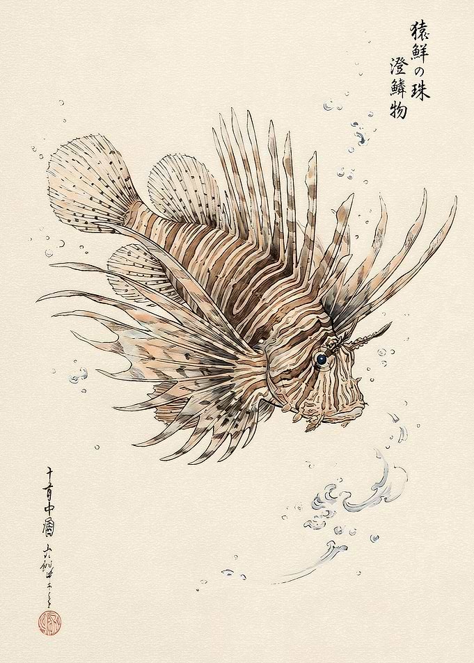 Traditional Japanese Style Lionfish Illustration