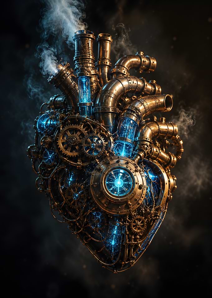 Steampunk Mechanical Heart with Blue Energy