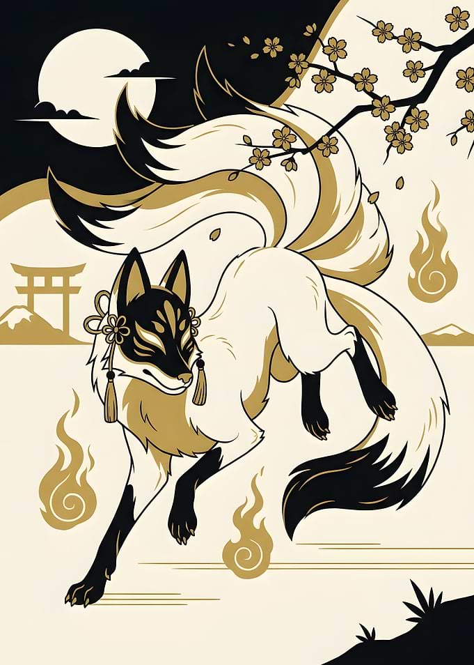 Kitsune Fox with Traditional Japanese Elements