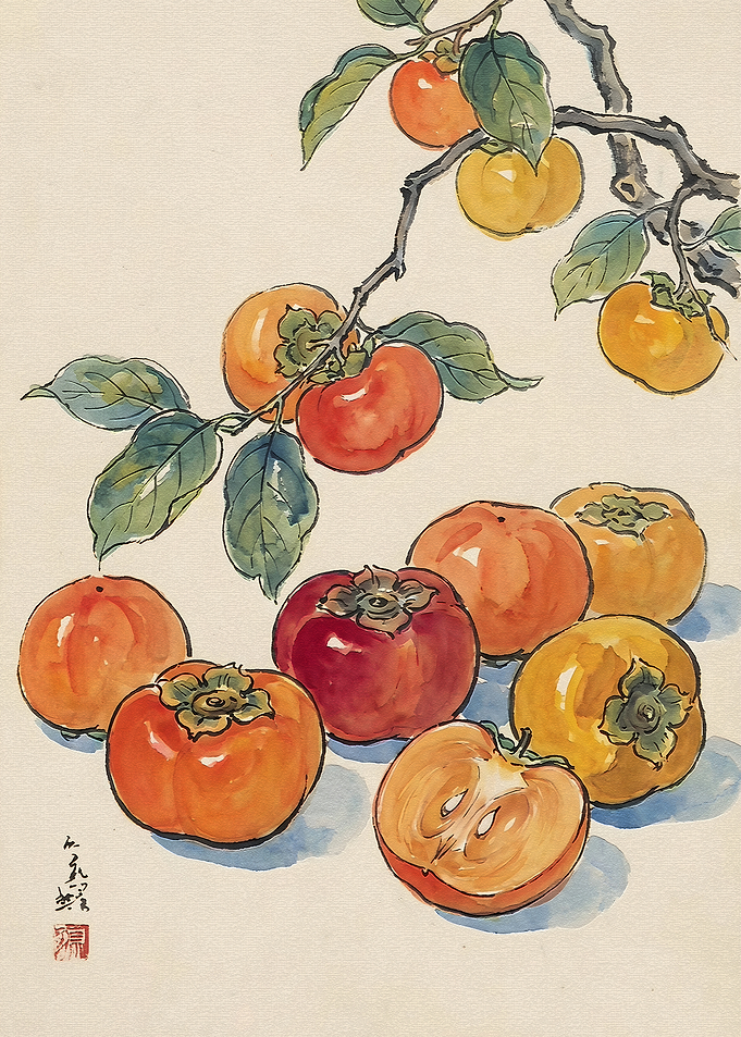 Traditional Ink Wash Painting of Persimmons