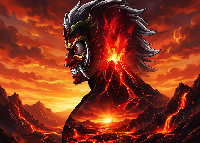 Oni Mask Volcano Landscape Art
