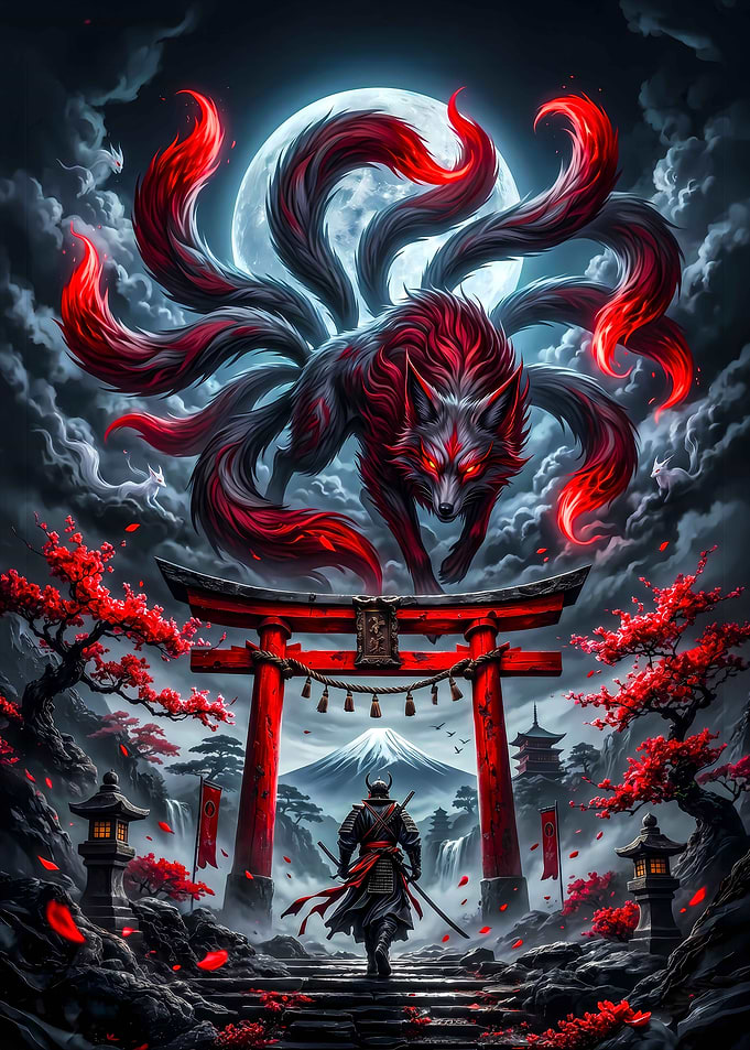 Samurai Facing Nine-Tailed Fox Spirit