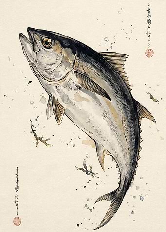 Traditional Japanese Ink Wash Tuna Painting