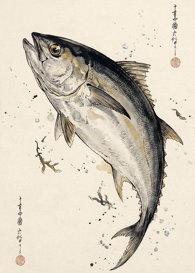 Traditional Japanese Ink Wash Tuna Painting