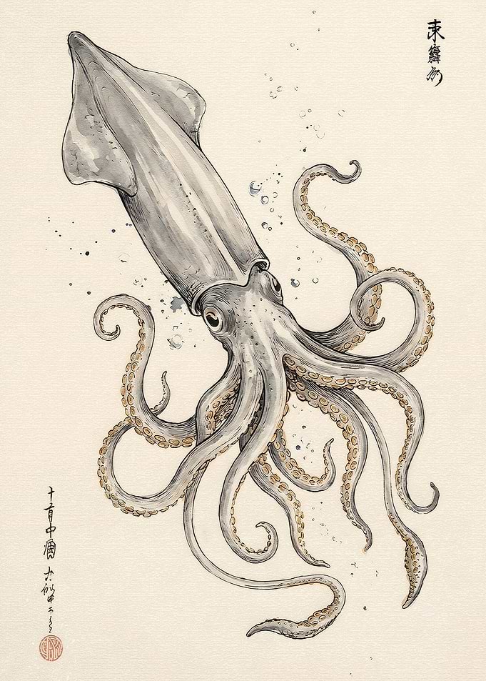 Traditional Japanese Ink Style Squid Illustration
