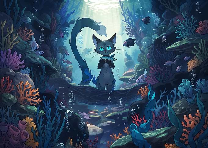 Underwater Cat Exploring Coral Reef