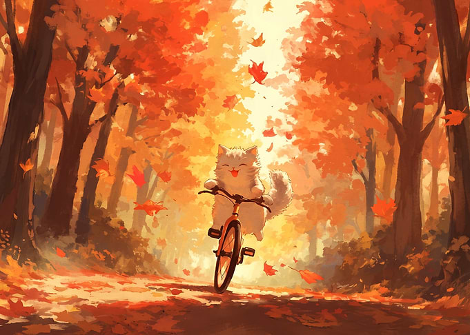 Happy Fluffy Cat Riding a Bicycle