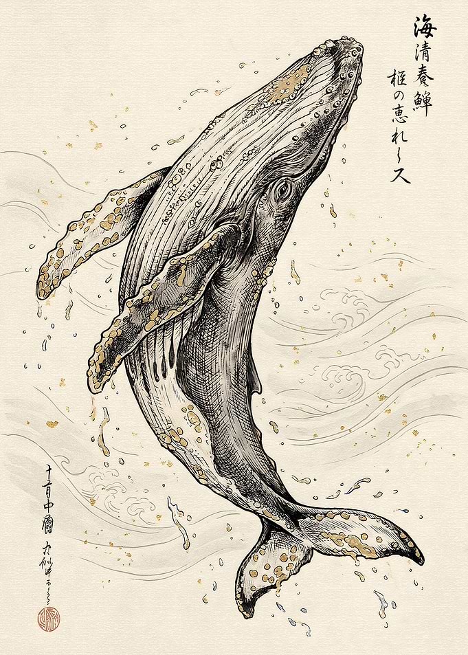 Japanese Ink Style Humpback Whale Art
