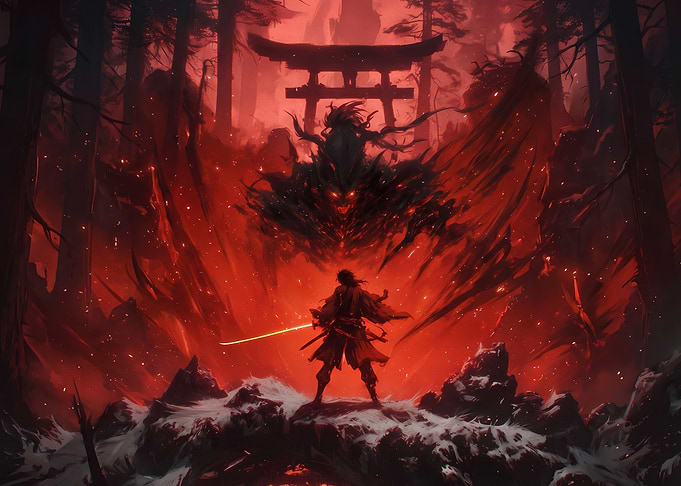 Samurai Facing Demon in Red Forest