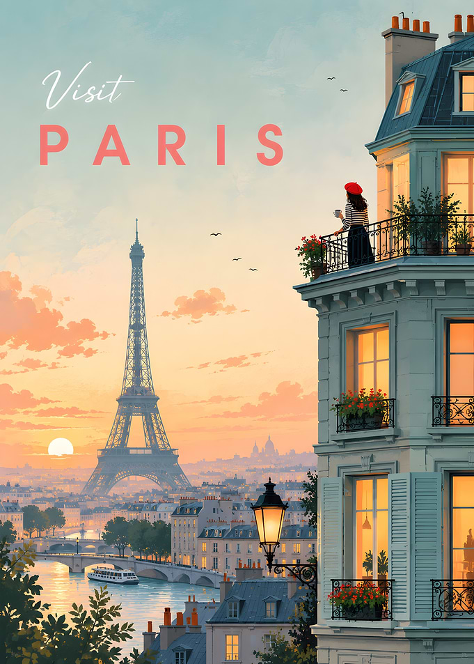 Visit Paris Eiffel Tower Sunset Poster
