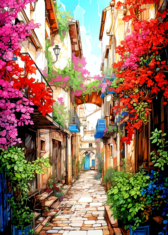 Vibrant Mediterranean Alleyway with Flowers