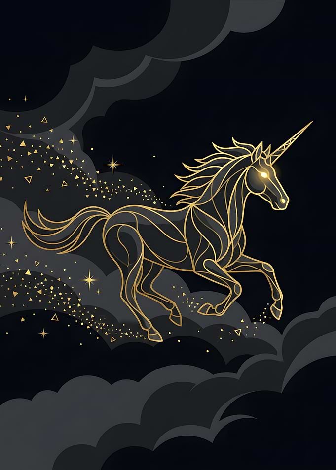 Golden Line Art Unicorn in Clouds