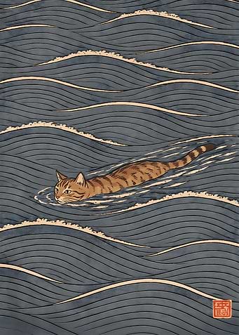 Tabby Cat Swimming in Ocean Waves