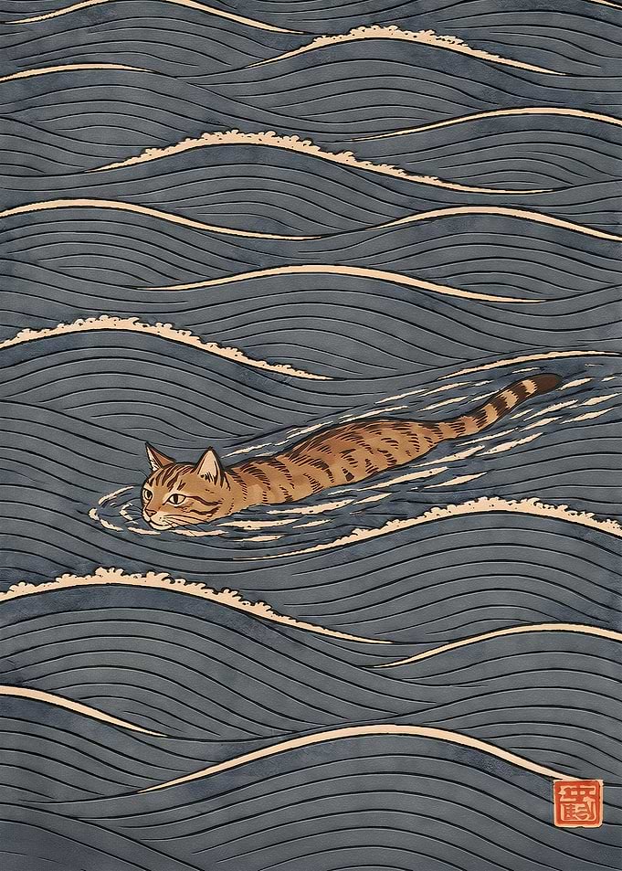 Tabby Cat Swimming in Ocean Waves