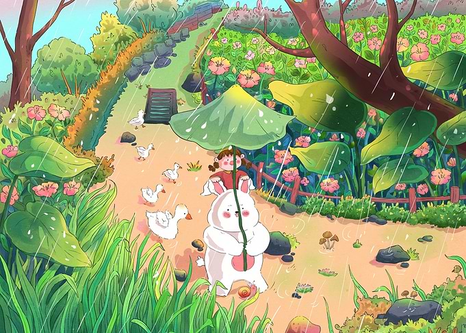 Cute Rabbit and Girl Walking in Rain