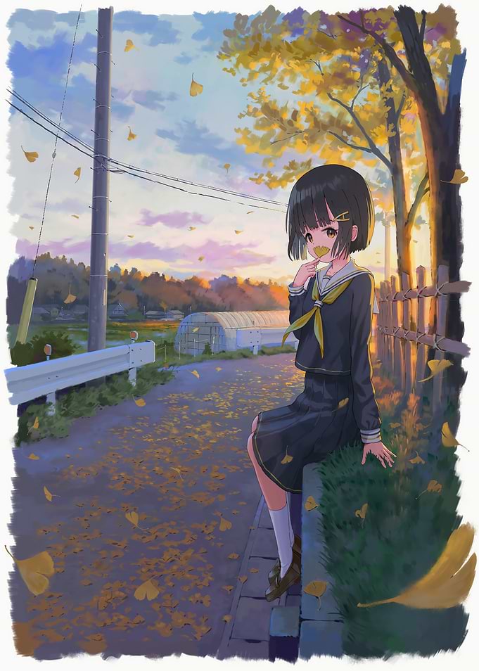 Anime Girl Sitting Amidst Autumn Leaves