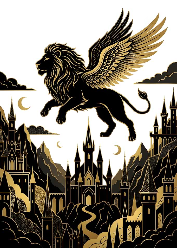 Winged Lion Over Fantasy Castle