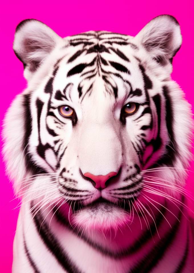 White Tiger Portrait on Pink Background