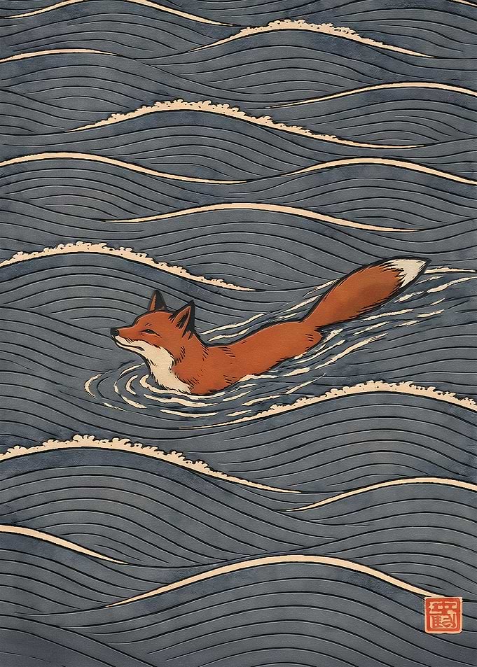 Fox Swimming in Stylized Waves