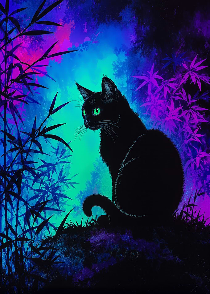 Neon Black Cat in Bamboo Forest