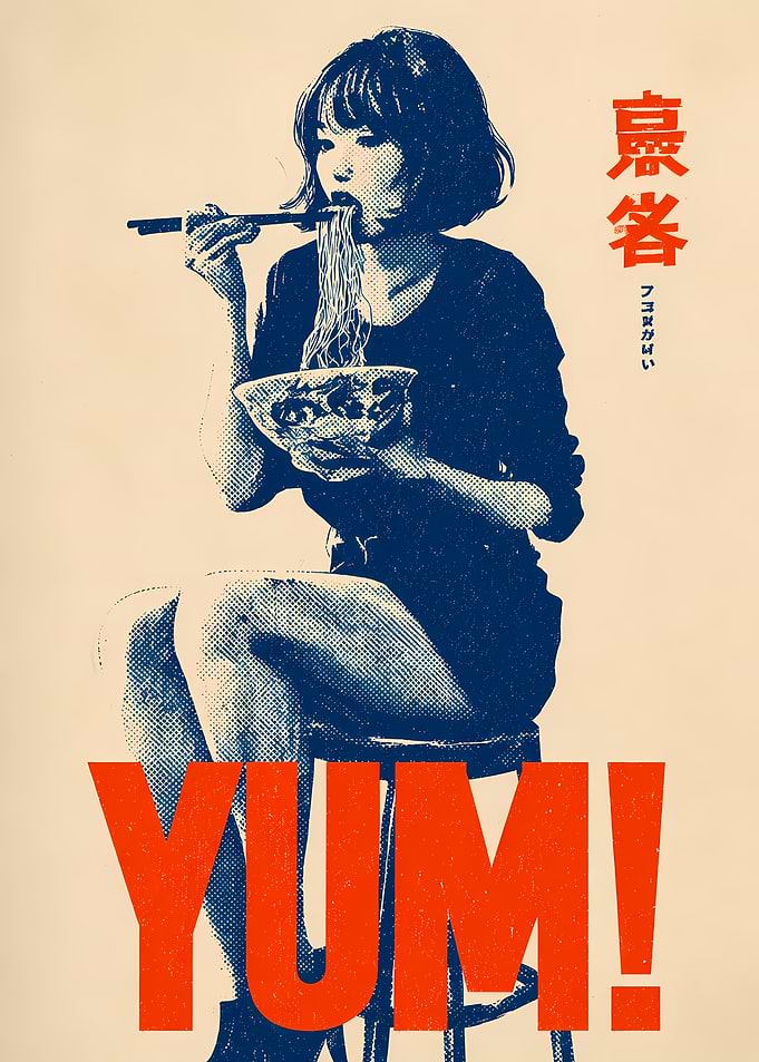 Retro Style Ramen Eating Poster