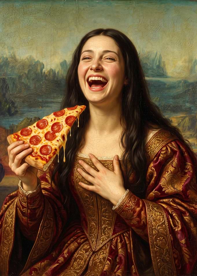 Renaissance Woman Laughing with Pizza