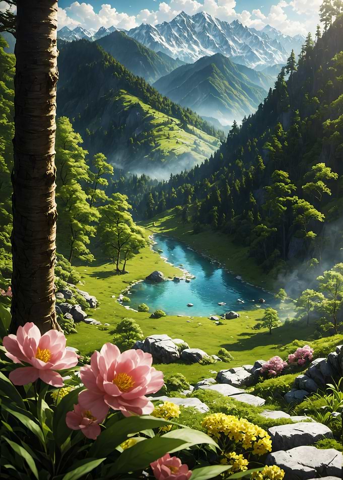 Serene Mountain Valley with Wildflowers Nature