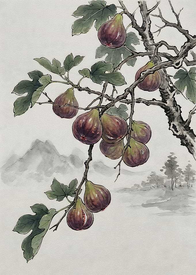 Traditional Ink Wash Fig Painting