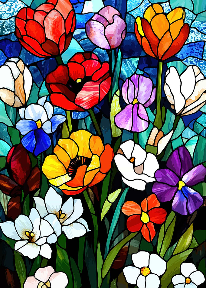 Vibrant Stained Glass Floral Garden