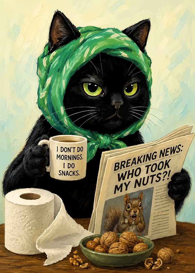 Funny Black Cat Reading Newspaper