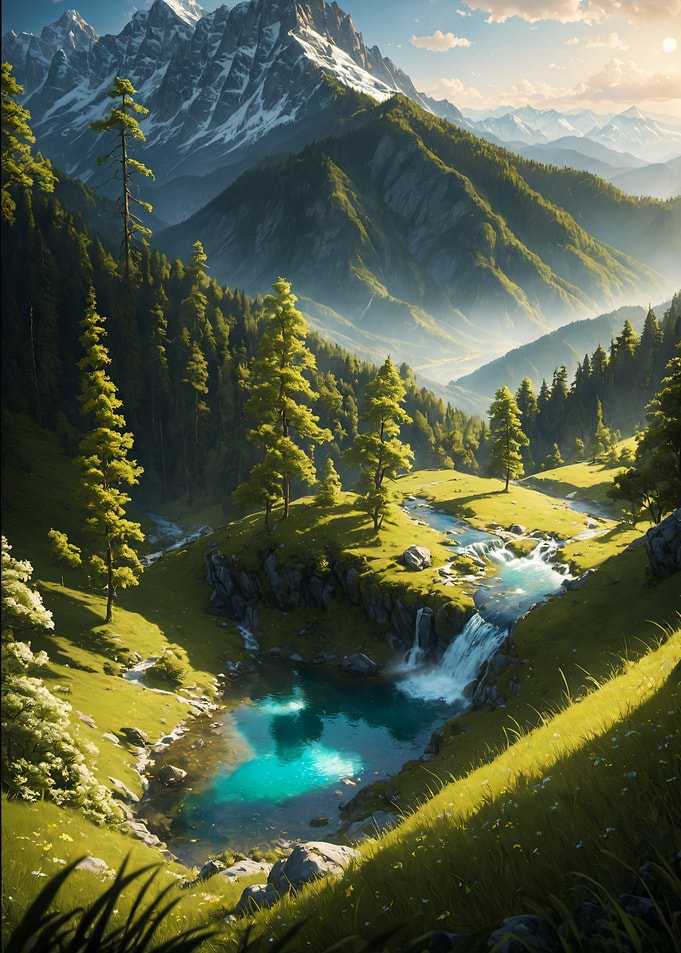 Scenery Alpine Waterfall and Mountain Landscape