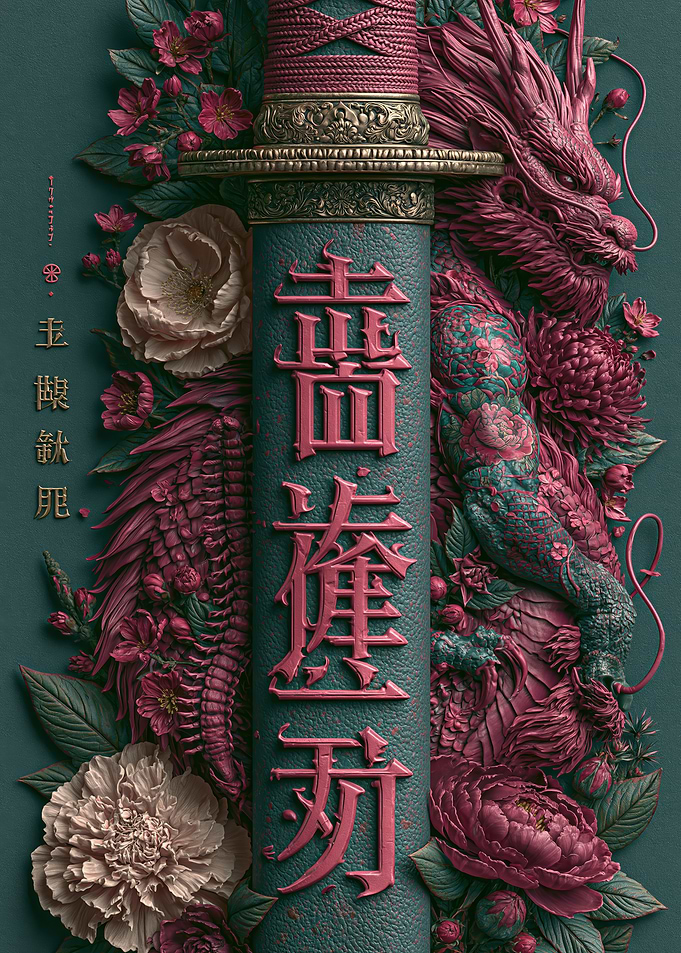 Japanese Katana with Dragon and Flowers
