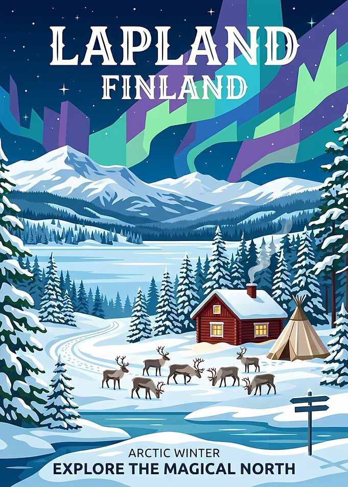 Lapland Finland Arctic Winter Travel Poster