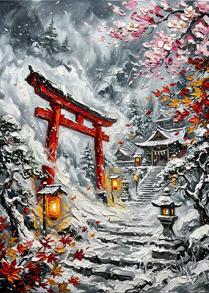 Winter Japanese Temple with Torii Gate