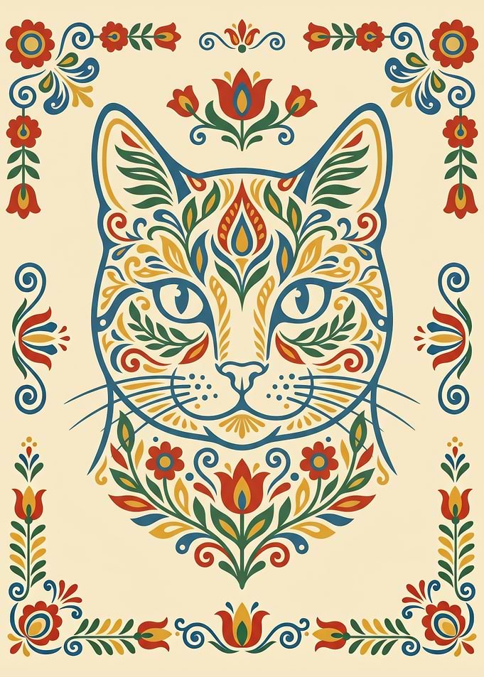 Traditional Nordic Kurbits Cat Illustration
