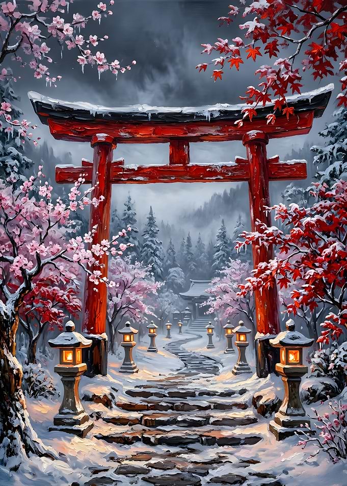 Snowy Torii Gate and Temple Path