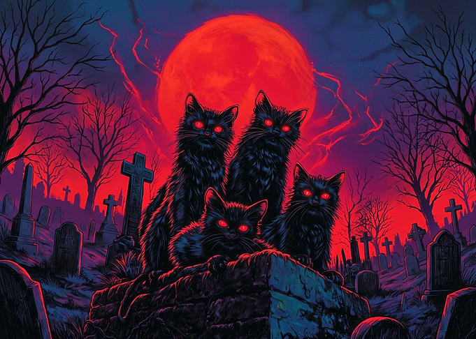 Four Black Cats in Graveyard