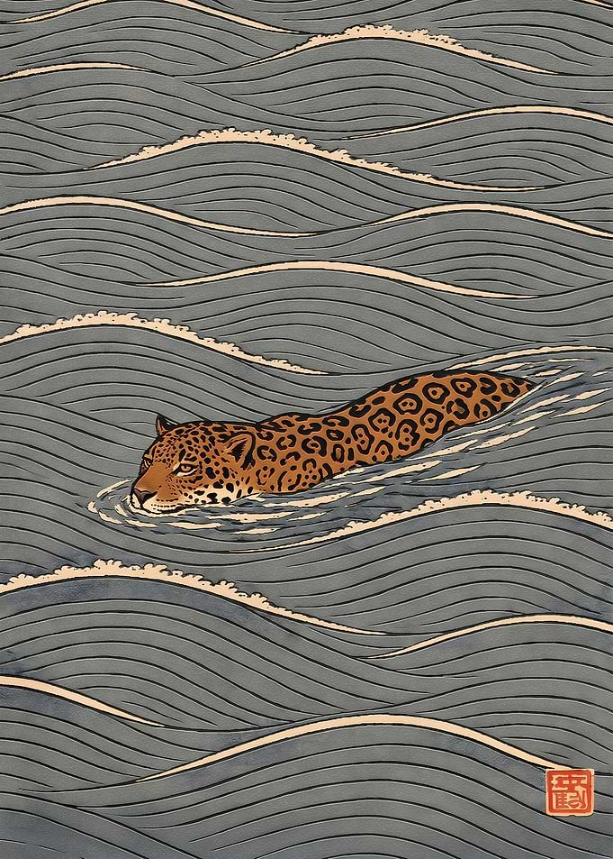 Jaguar Swimming in Ukiyo-e Style