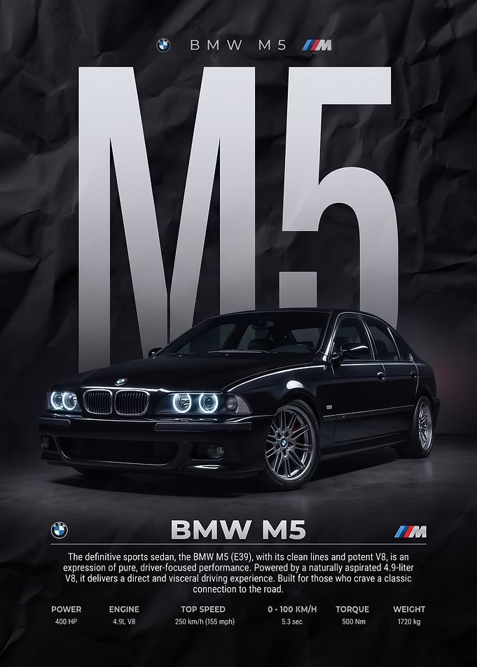 black sleek BMW M5 E39 Sports Sedan Poster