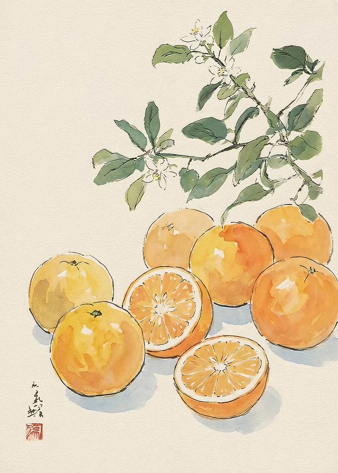 Watercolor Painting of Fresh Oranges