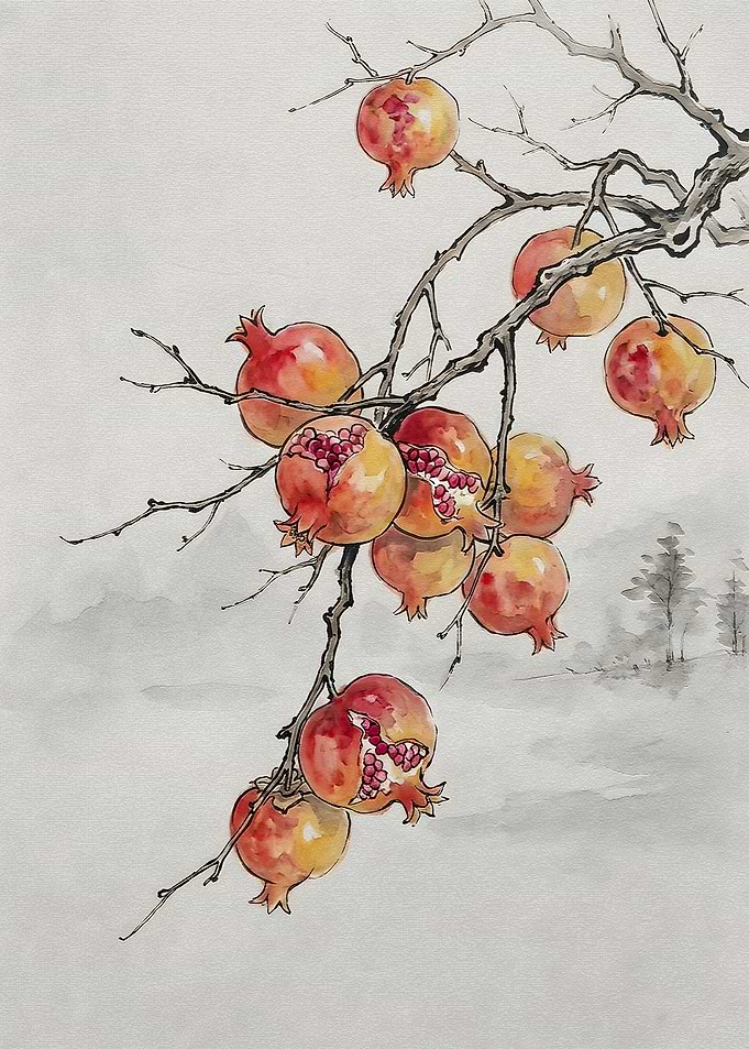 Watercolor Pomegranate Branch Painting