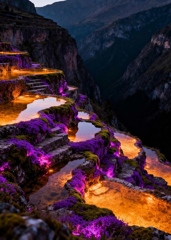 Glowing Terraced Pools in Mountain Landscape